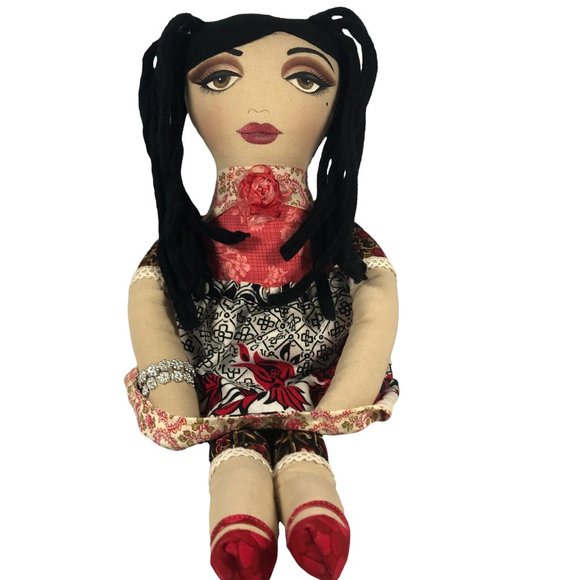 Hand Crafted Other - Fabric Doll 16 inch with Black Hair and Brown Eyes Removable Skirt